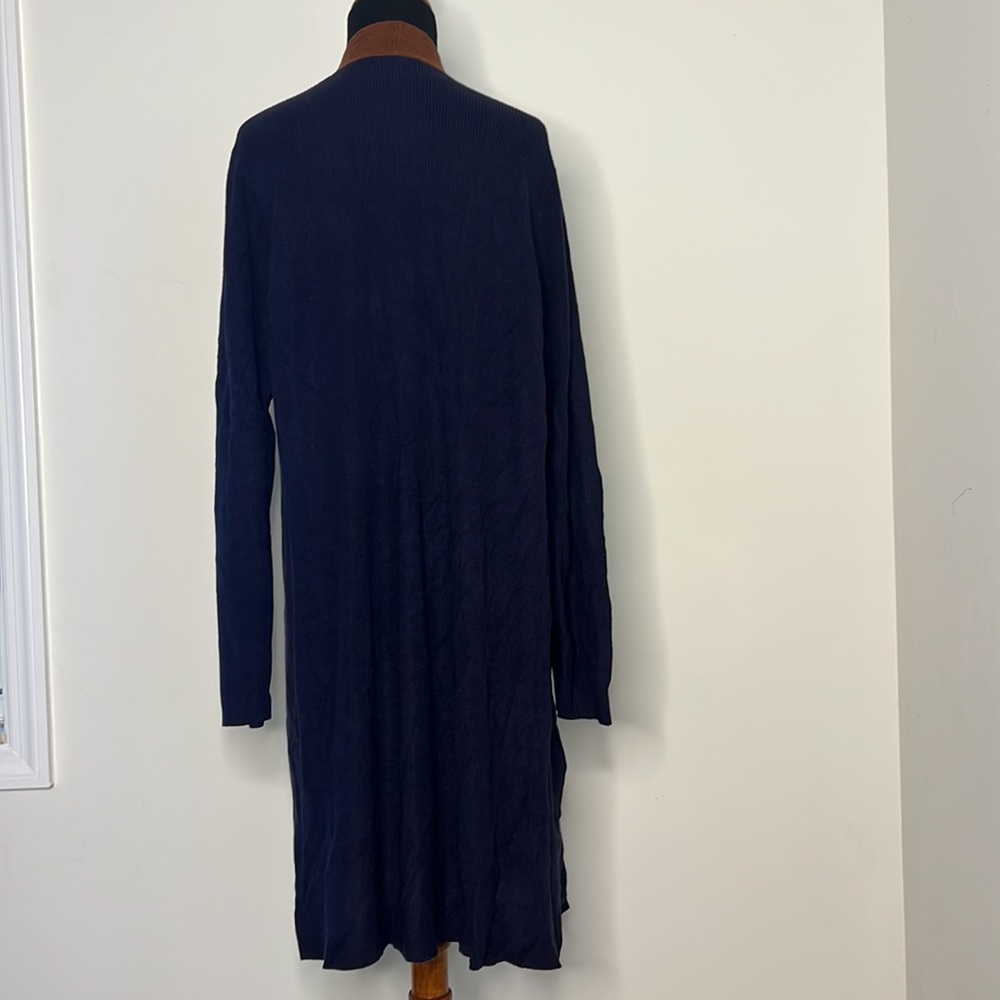 EILEEN FISHER Navy Blue Brown Trim Tencel Silk Knit Open Long Cardigan L - Picture 9 of 9